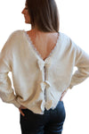 White Round Neck Lace Trim Bow Back Knit Sweater