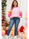 Pink Colorblock Long Sleeve Plus Size Top