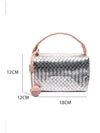 Silvery Lattice Texture Corded Ball Decor Weaven Handle Cosmetic Bag