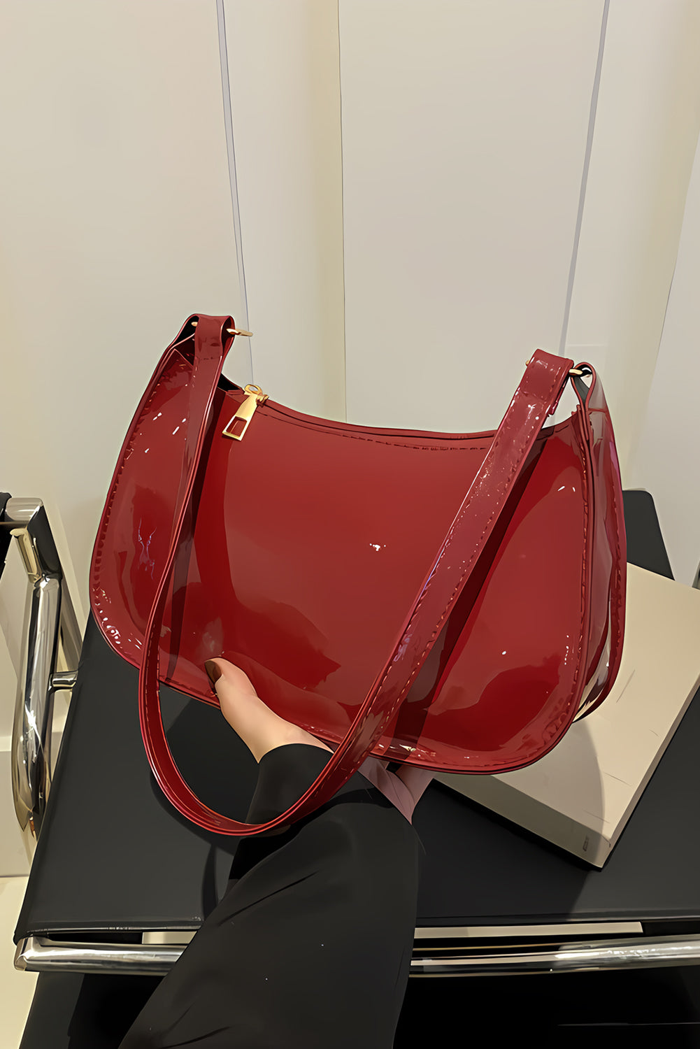 Fiery Red Patent Leather Zipper Shoulder Bag