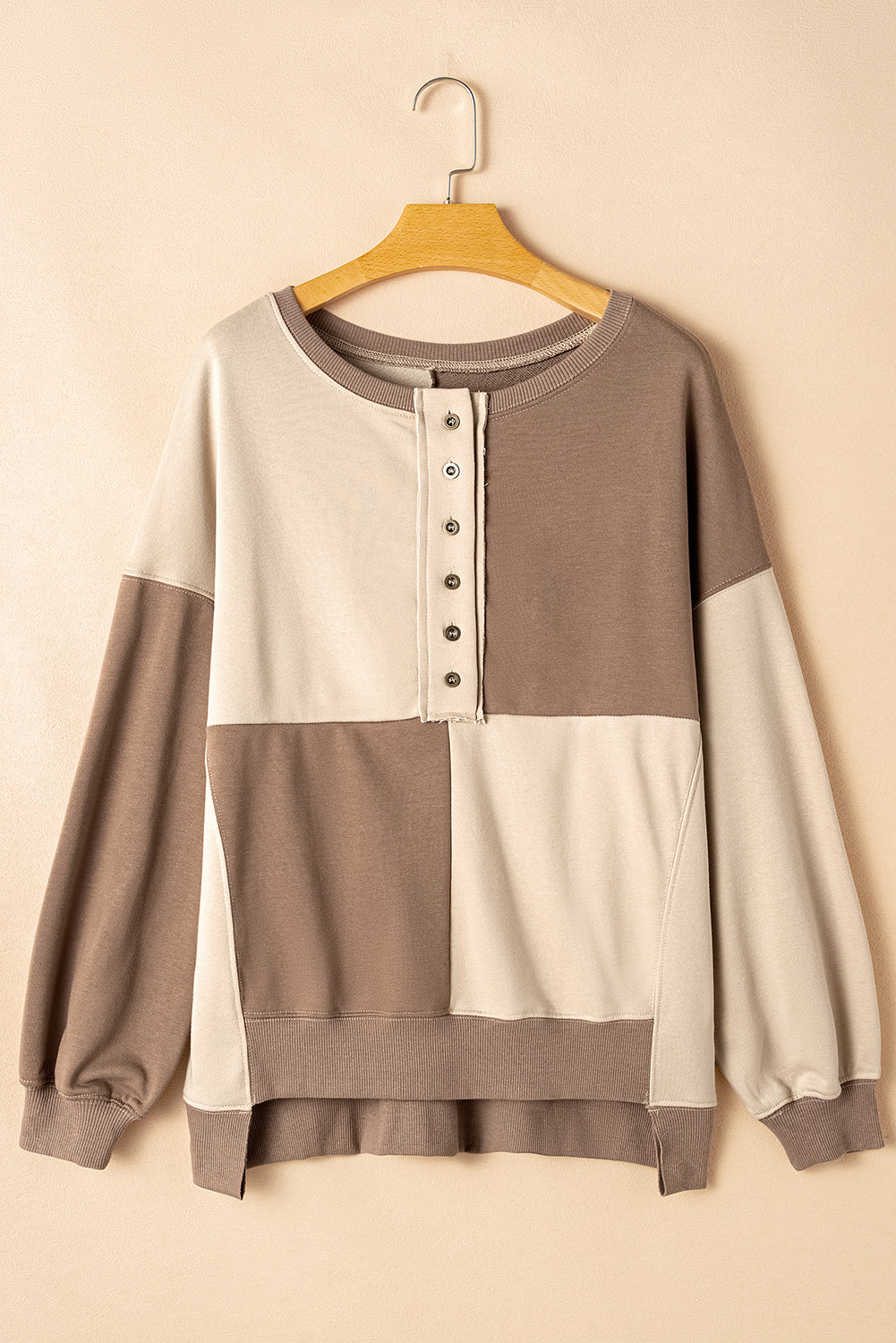 Parchment Colorblock Henley High Low Loose Sweatshirt