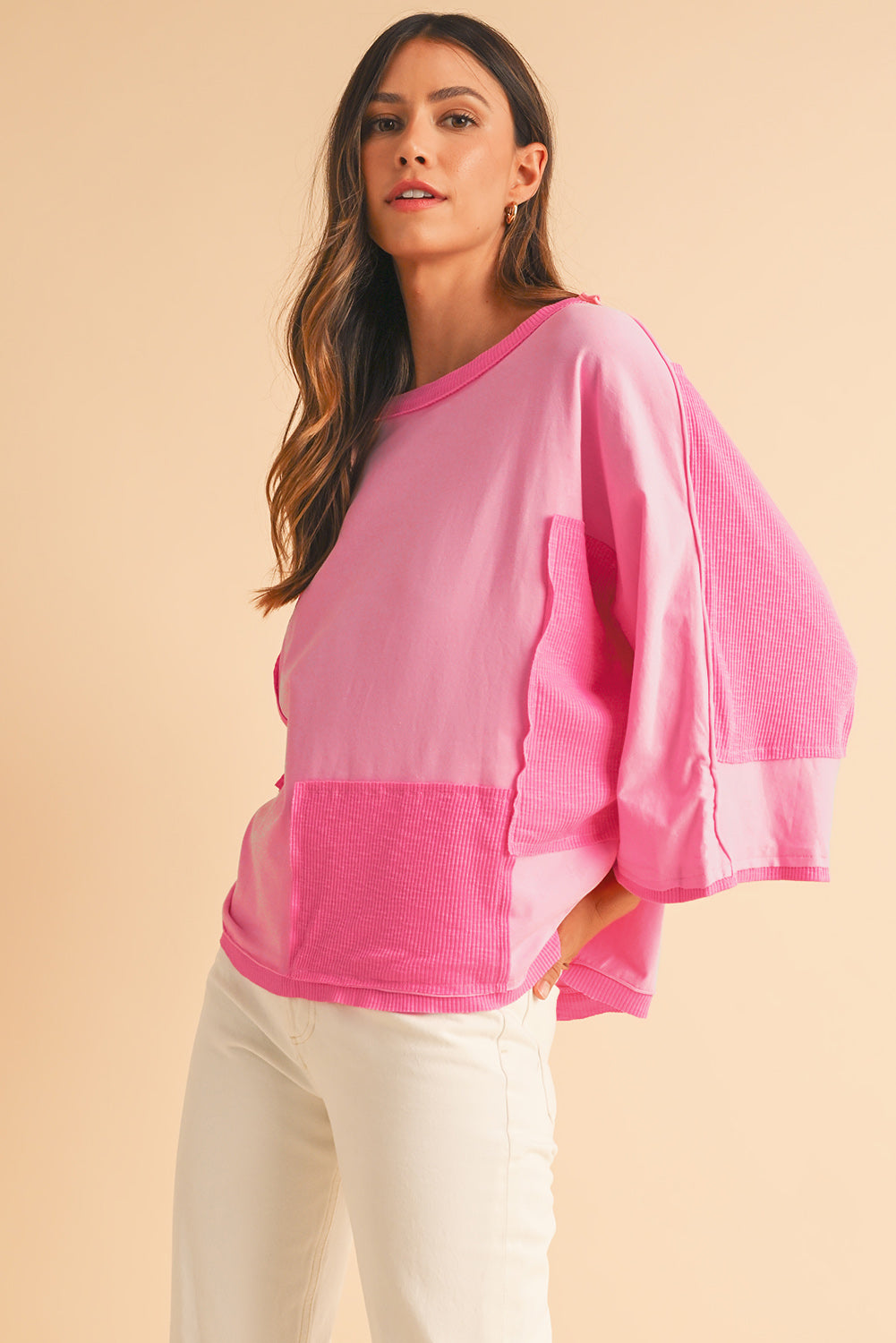 Pink Textured Patchwork 3/4 Sleeve Oversized Top