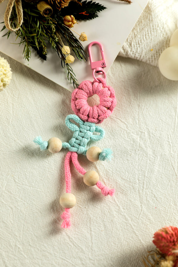 Pink Woven Colorblock Flower Keychain