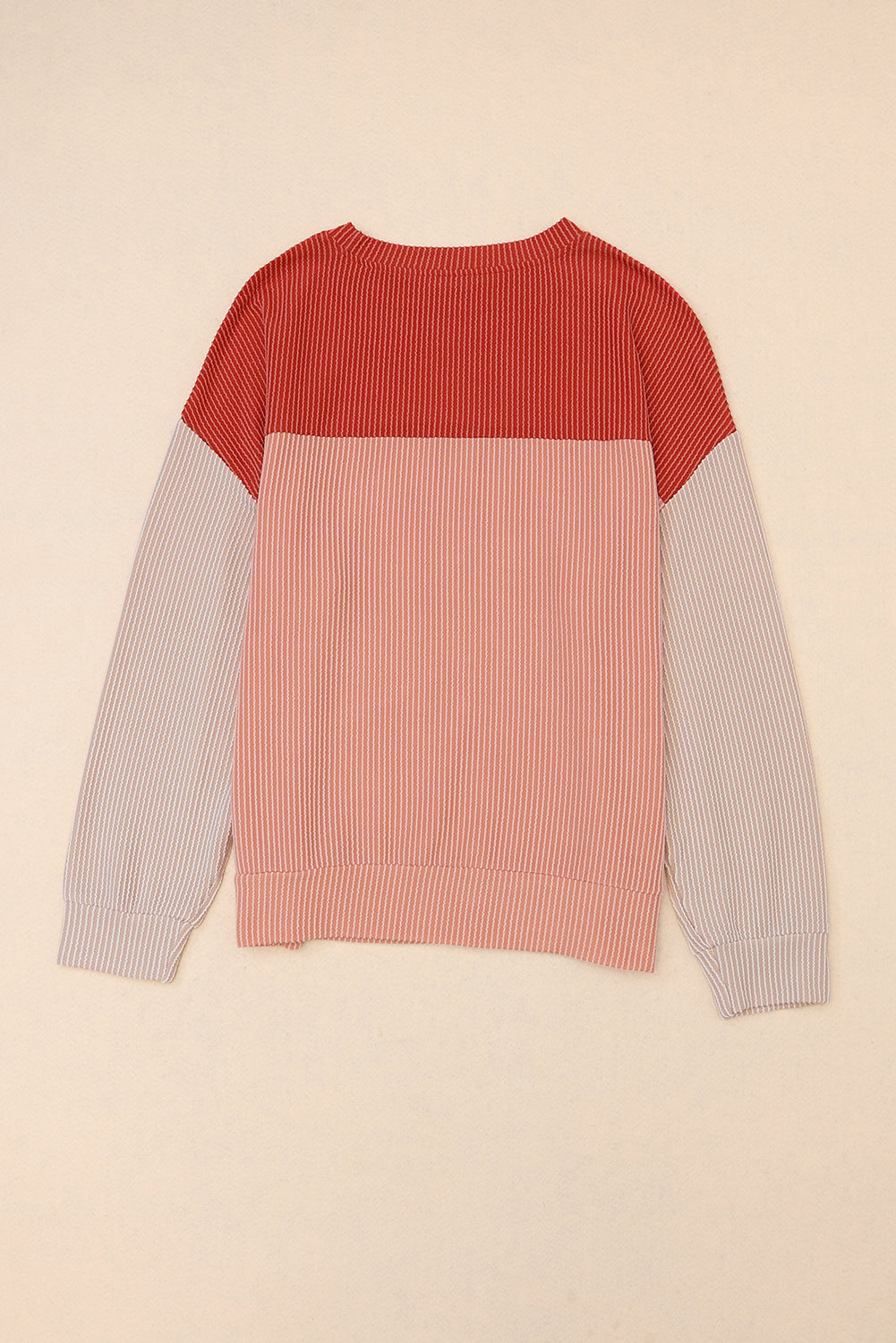 Red Color Block Ribbed Loose Long Sleeve Top