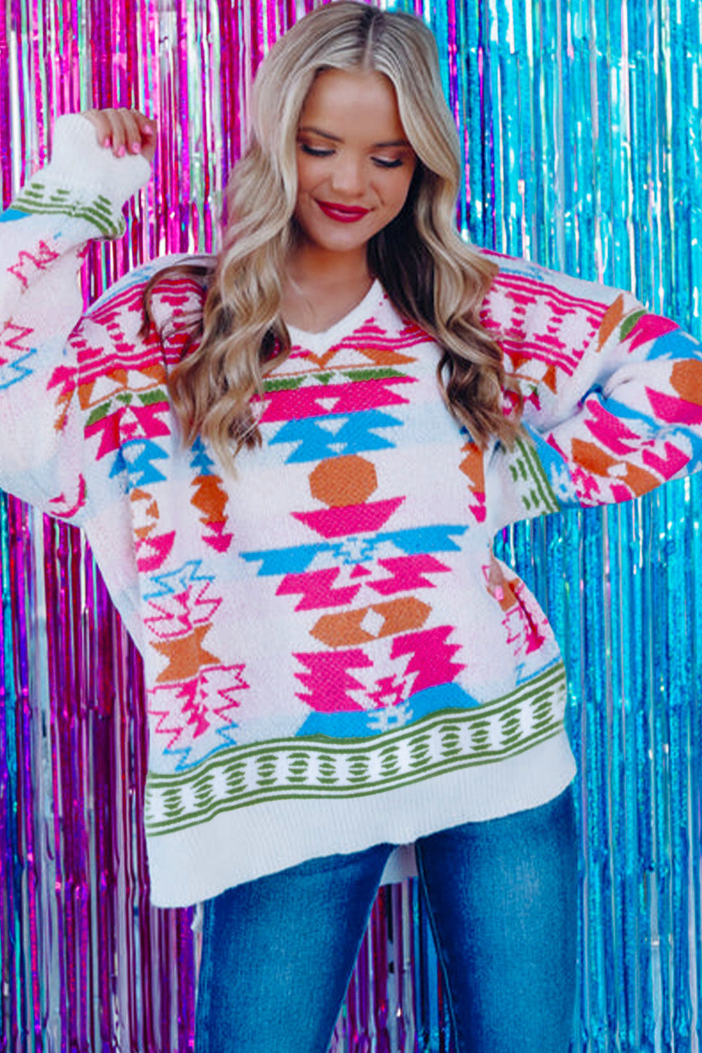 White Oversized Geometric Print High Low V Neck Sweater