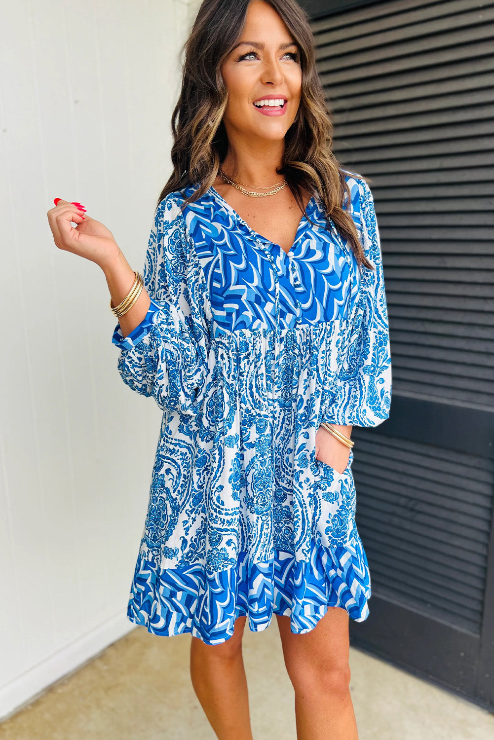 Green Bohemian Print Lantern Sleeve V Neck Flared Mini Dress