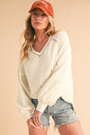 Beige Exposed Seam Crinkle Rib V Neck Pullover Top