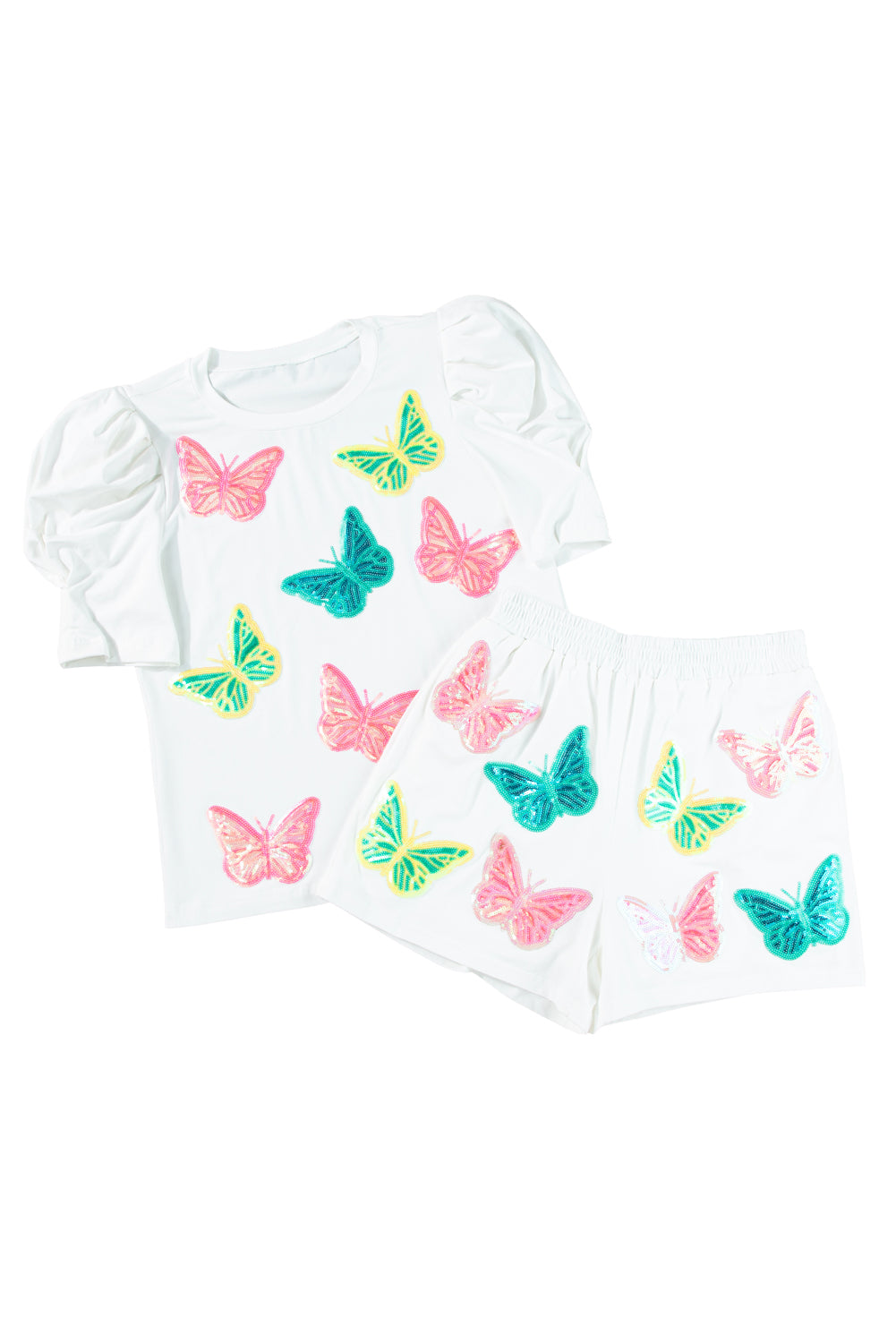 White Colorful Sequin Butterfly Pattern Puff Sleeve Top & Shorts Set