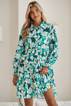 Blackish Green Flower Print Smocked Cuffs Tiered Mini Dress