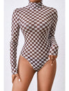 Black Checkered Print Long Sleeve Mock Neck Bodysuit