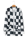 Black Checkered Waffle Knit Thumbhole Long Sleeve Cardigan