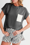 Dark Blue Corded Knit Color Block Pocketed Crew Neck T Shirt