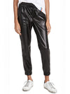 Black Faux Leather Smocked Waist Drawstring Cropped Pants