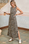 Black Contrast Striped Trim Leopard Sleeveless Midi Dress