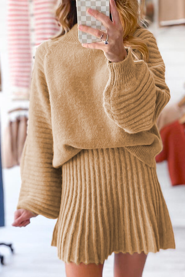 Smoke Gray Lantern Sleeve Sweater Pleated Knitted Mini Skirt Set