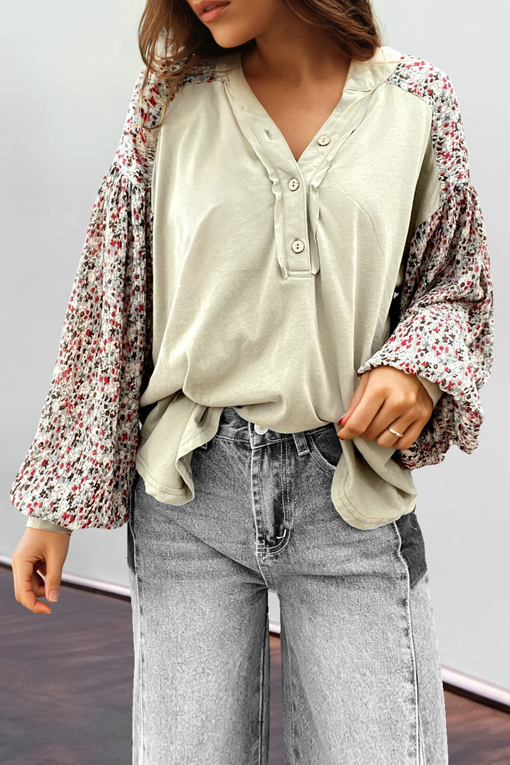 Meadow Mist Green Floral Print Bubble Sleeve Henley Loose Top