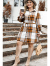 Khaki Plus Size Plaid Flounce Sleeve Button Up Shirt Dress