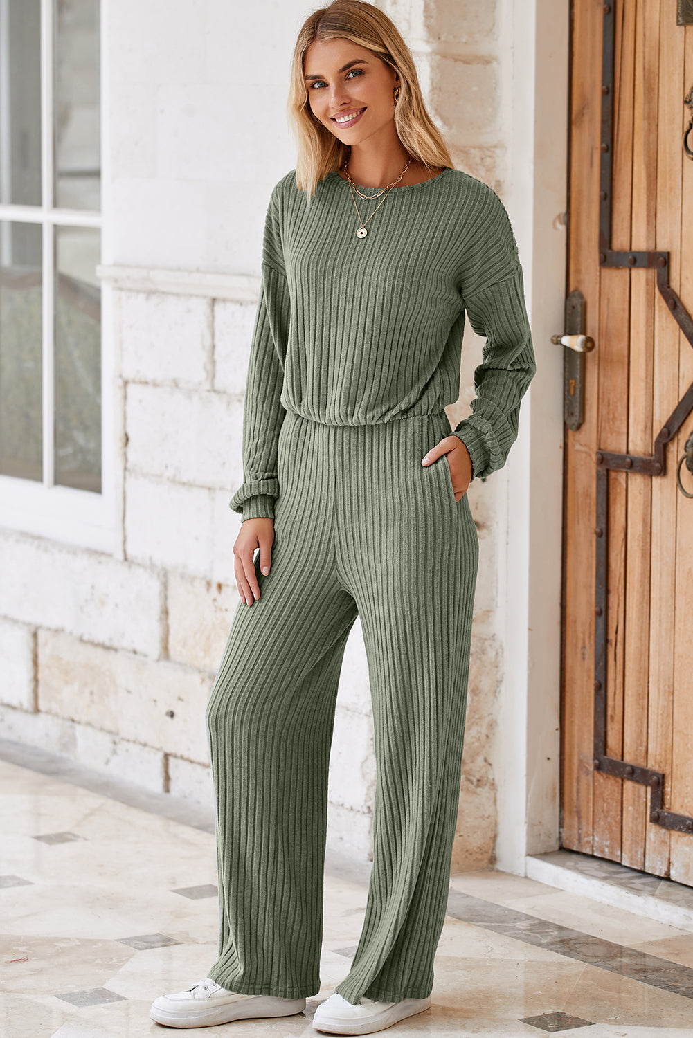 Laurel Green Solid Ribbed Knit Keyhole Back High Waist Jumpsuit