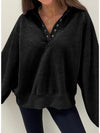 Black Snap Buttons Collared Balloon Sleeve Oversized Sweatshirt