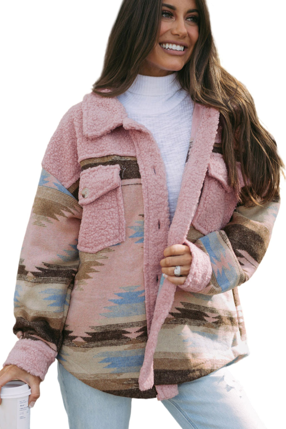 Pink Aztec Print Sherpa Splicing Buttoned Flap Pocket Coat