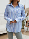 Devine Pocketed Striped Collared Neck Long Sleeve Shirt - Cocoa Yacht Club