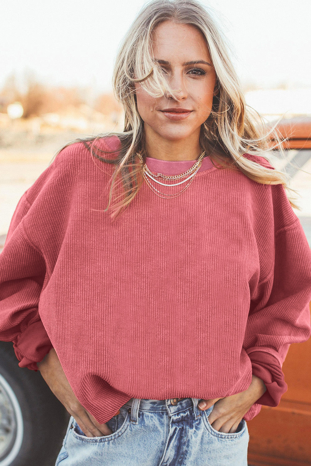 Light Grey Drop Shoulder Crinkle Rib Oversized Sweatshirt