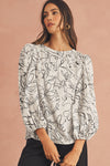 Beige Abstract Print Balloon Sleeve Crew Neck Blouse