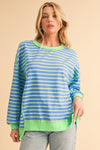 Sky Blue Stripe Contrast Trim High Low Tunic Sweatshirt