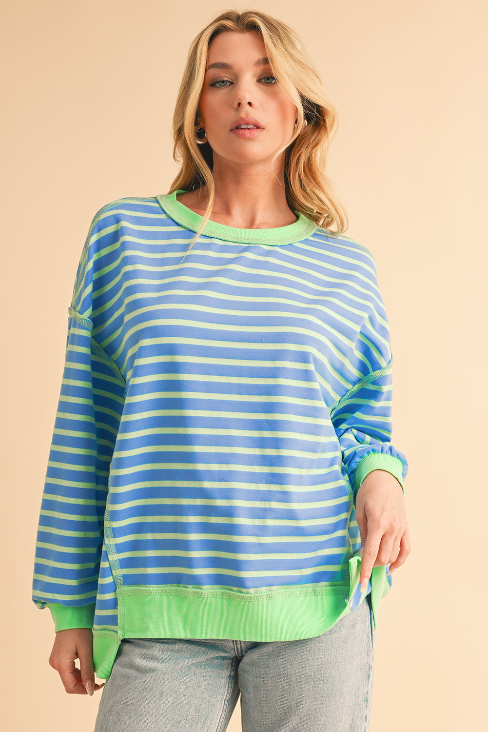 Pink Stripe Contrast Trim High Low Tunic Sweatshirt