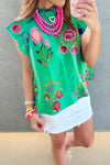 Green Floral Print Flutter Sleeve Frill Neck Blouse