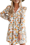 Yellow Floral Print Tie Neck Frill Detail Long Sleeve Mini Dress
