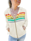 Apricot Colorblock Striped Patchwork Side Pockets Zipper Hoodie