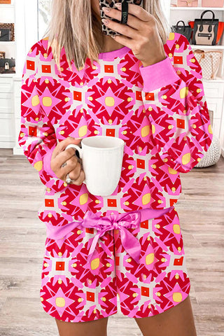 Sachet Pink Geometric Print Long Sleeve Pullover and shorts Set