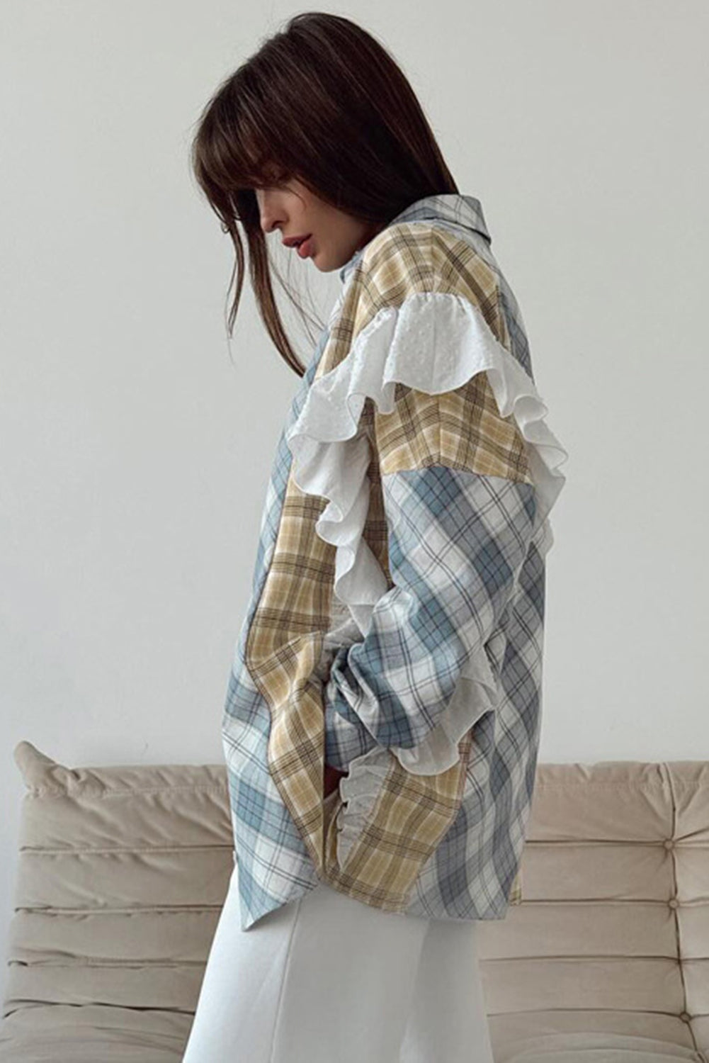 Sky Blue Plaid Print Patchwork Ruffle Shirt