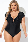 Black Ruffle Sleeve Lace-up V Neck Plus Size One Piece Swimsuit