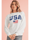 White USA Flag Print Ribbed Drop Shoulder Sweatshirt