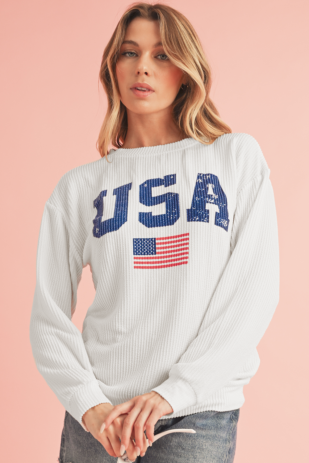 White USA Flag Print Ribbed Drop Shoulder Sweatshirt