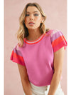 Bright Pink Contrast Sleeve Striped Round Neck Knitted Tee