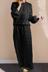 Black Textured Puff Sleeve Top and Pants Set