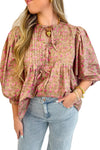 Light French Beige Ditsy Floral Print Bow Front Puff Sleeve Blouse