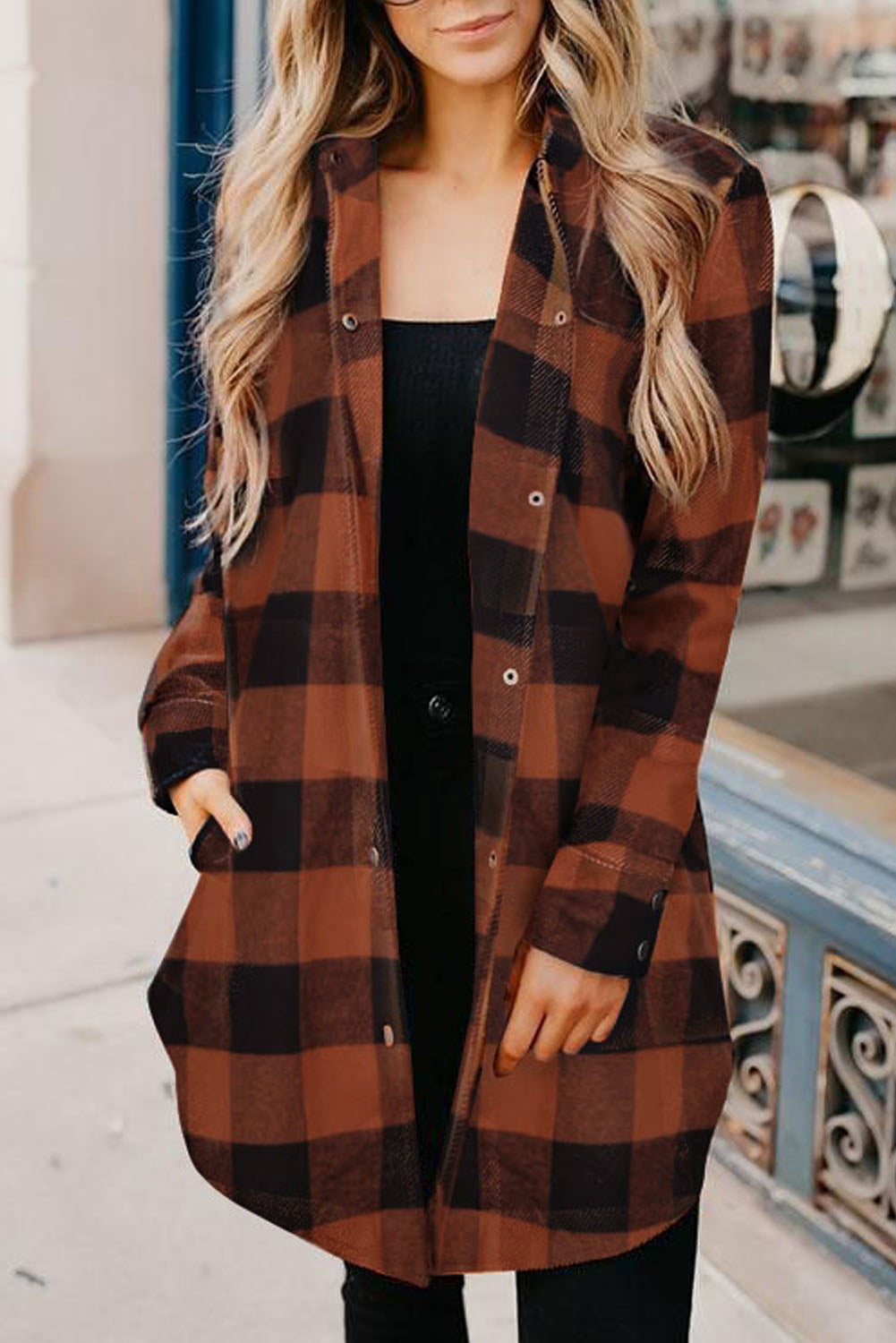 Brown & Black Plaid Collared Botton Down Long Shirt Shacket