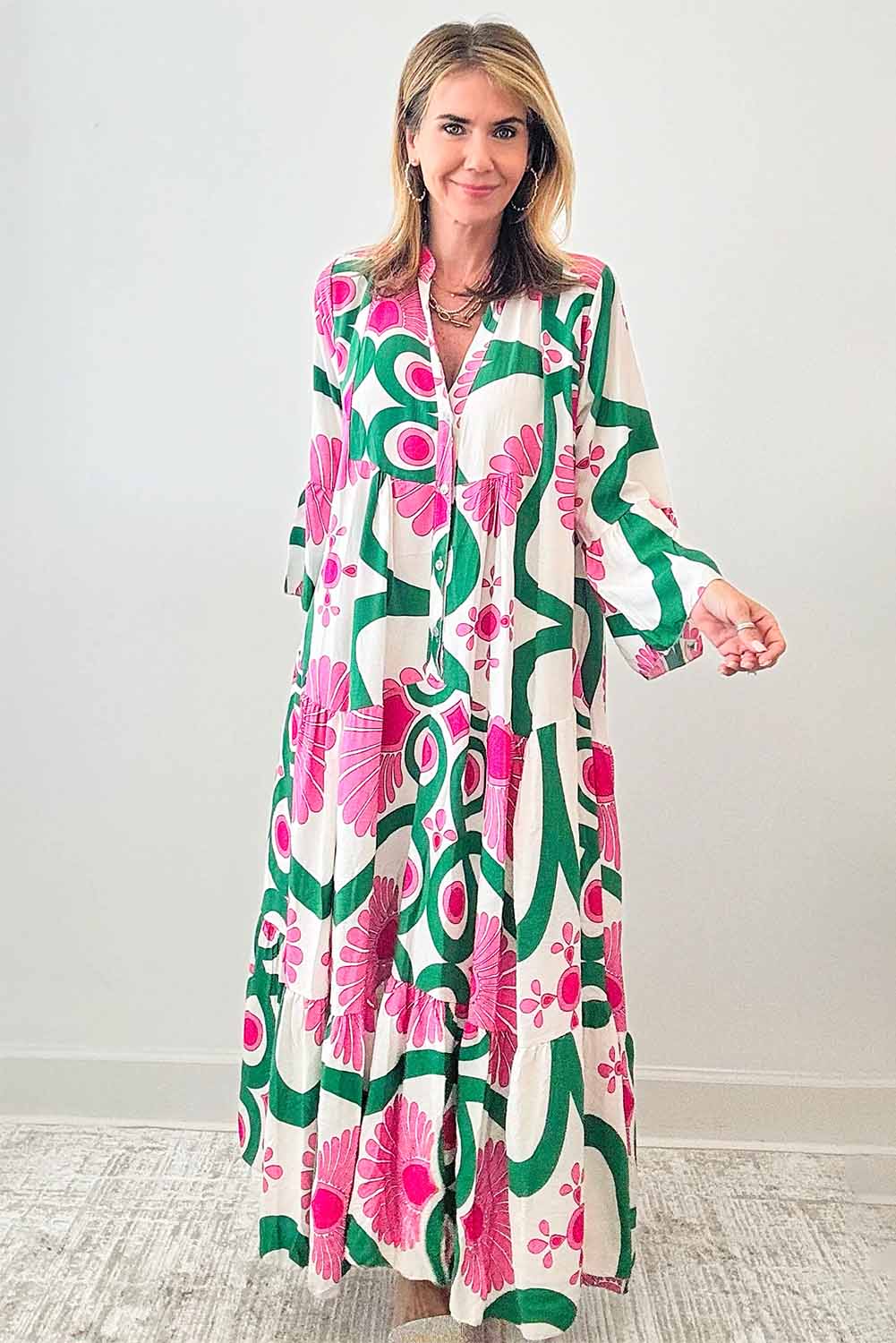 Pink Boho Abstract Button V Neck Oversized Maxi Dress