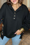 Black Sequin Patchwork Henley Sweatshirt