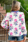 White Floral Print Pop of Color V-neck Long Sleeve Blouse