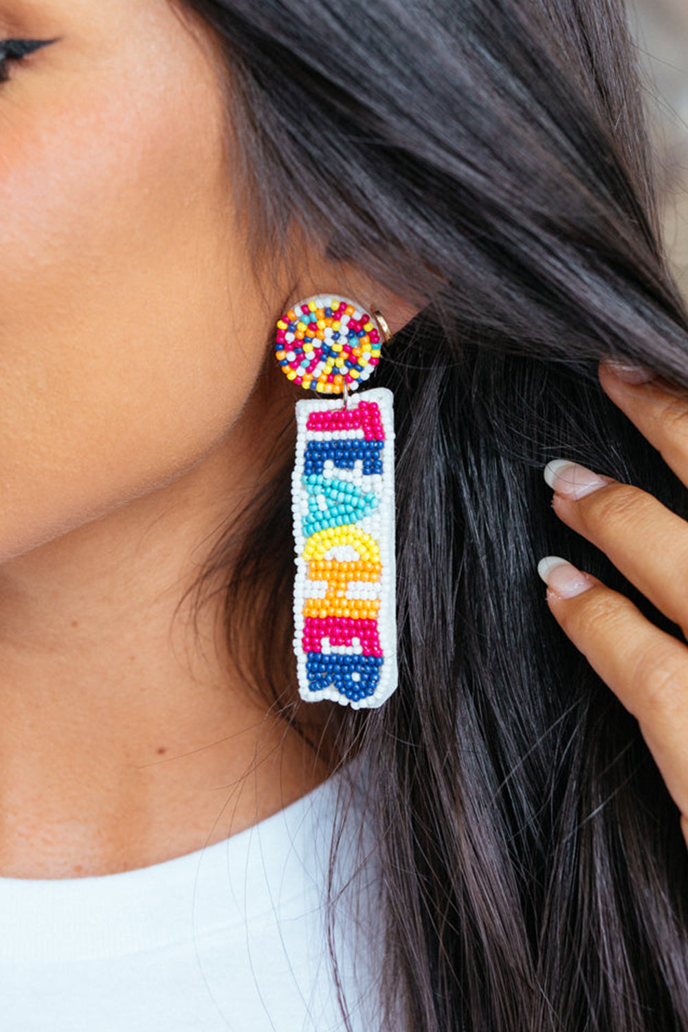 White Rice Bead TEACHER Pattern Dangle Earrings