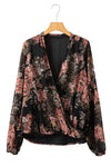 Black Floral Print Criss Cross V Neck Balloon Sleeve Blouse