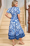White Floral Ruffle Hem Pop of Color Neckline Dress