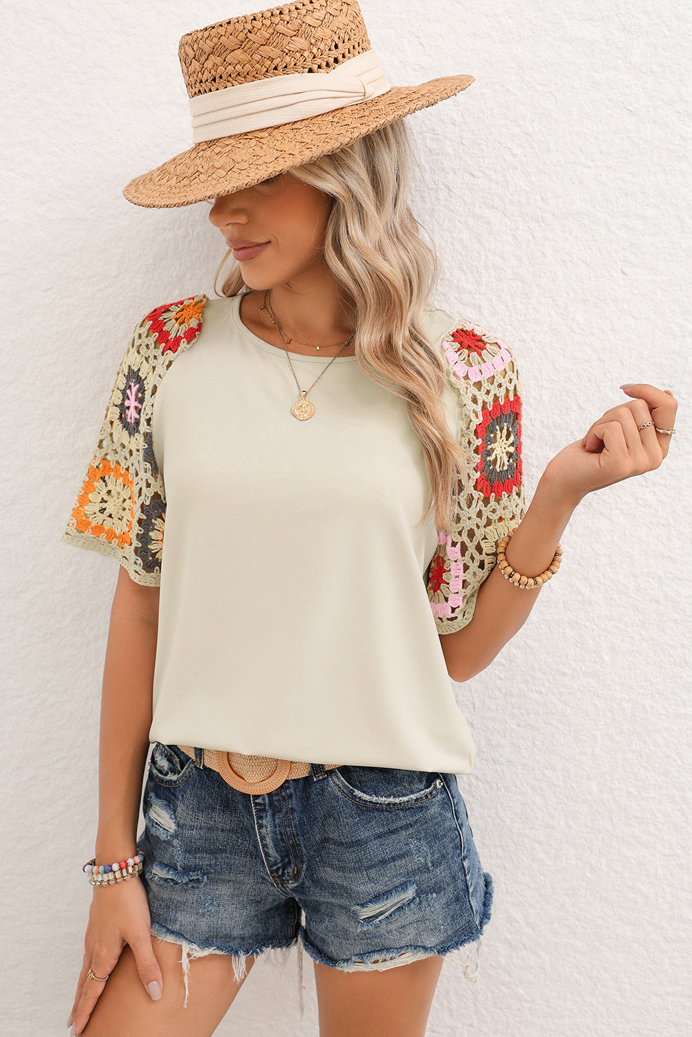 White Floral Hollowed Crochet Sleeve Boho T Shirt