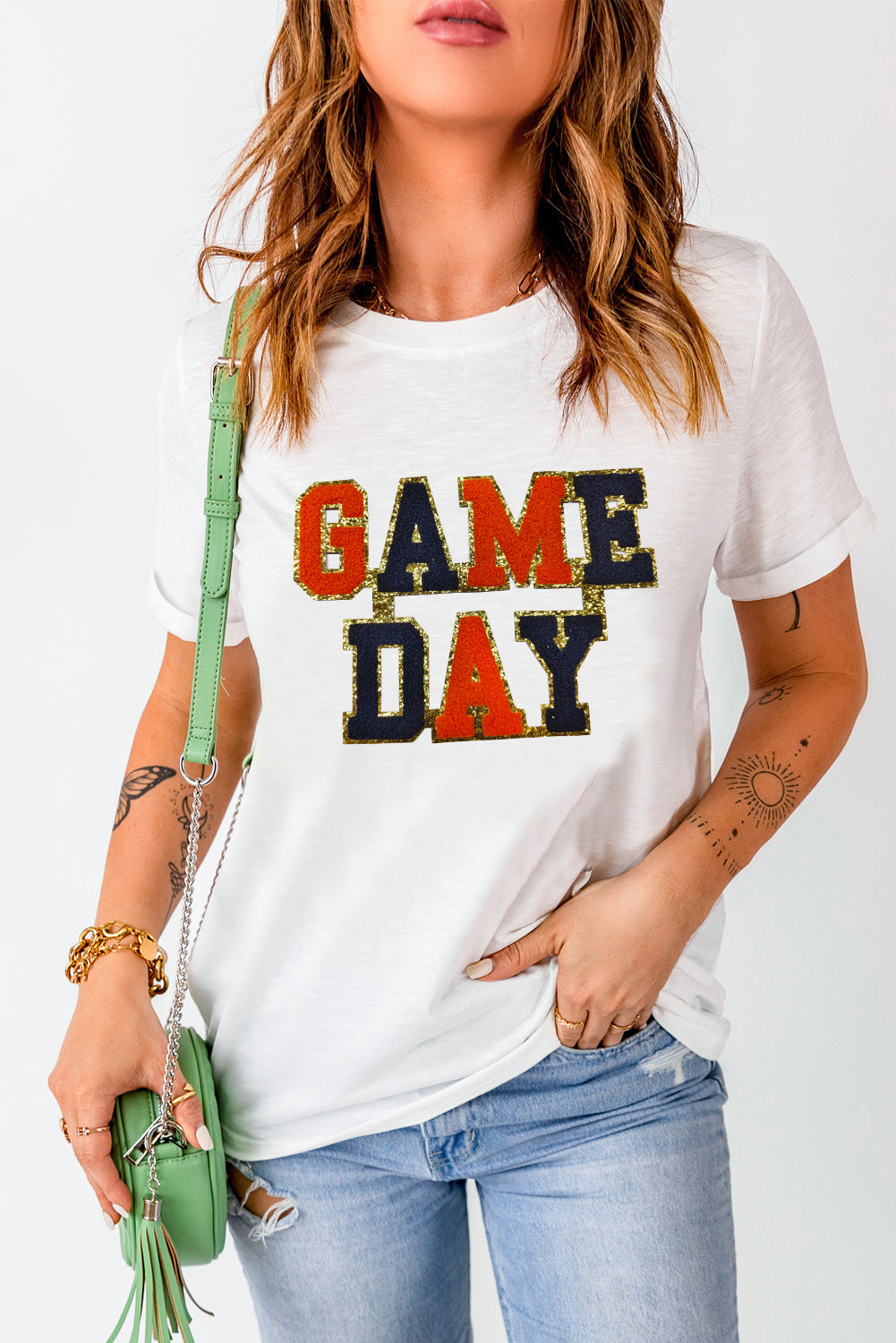 White GAME DAY Glitter Detail Round Neck T Shirt