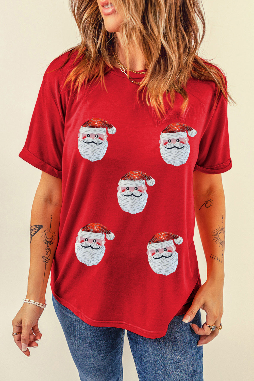 Red Sequin Christmas Claus Pattern Crewneck T Shirt